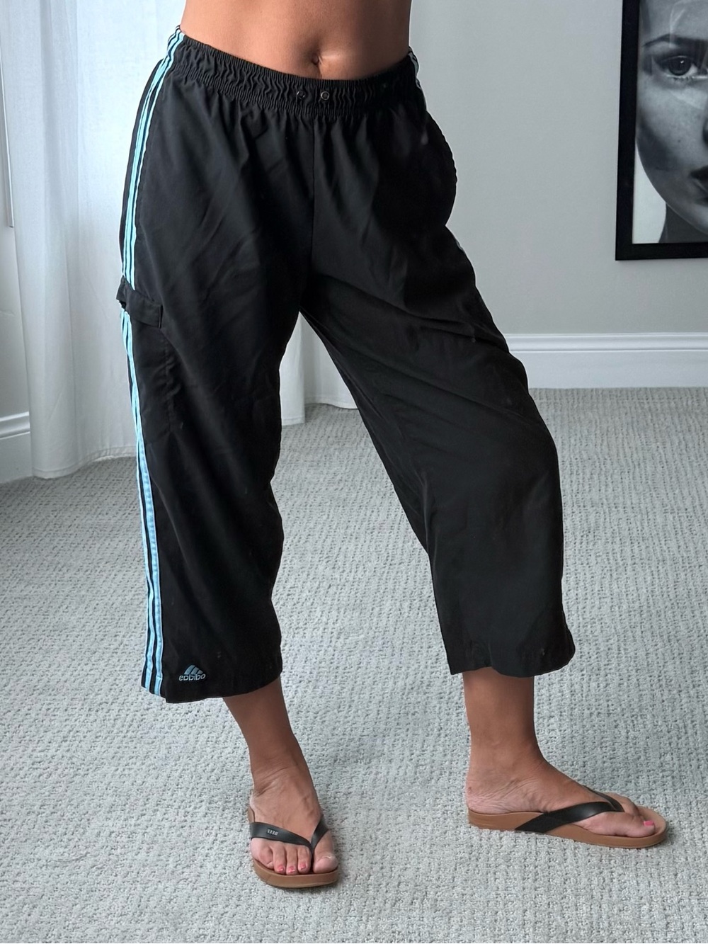 Y2K adidas Black Capri track pants with Light Blue Side Stripes